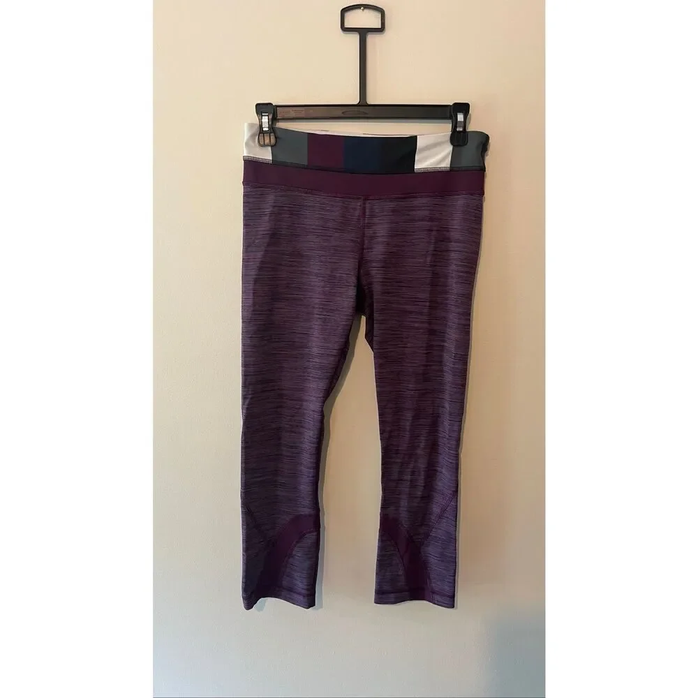 Lululemon Run Inspire Crop II Leggings Purple Striped Size 8 Zipper Pocket